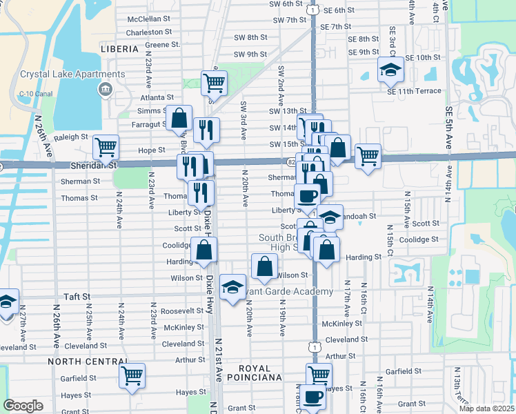 map of restaurants, bars, coffee shops, grocery stores, and more near 1935 Liberty Street in Hollywood