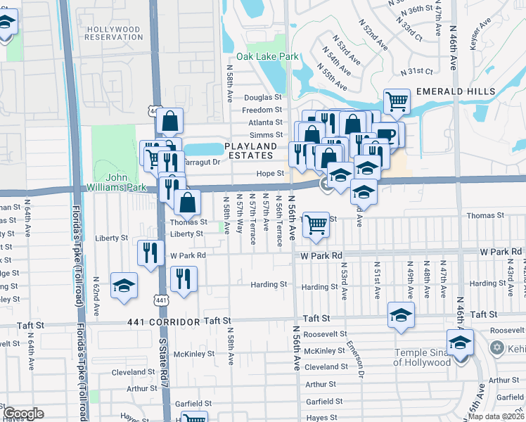 map of restaurants, bars, coffee shops, grocery stores, and more near 2320 North 57th Avenue in Hollywood