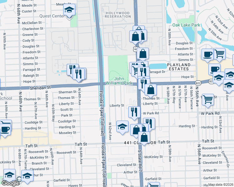 map of restaurants, bars, coffee shops, grocery stores, and more near 2330 Northwest 61st Avenue in Hollywood