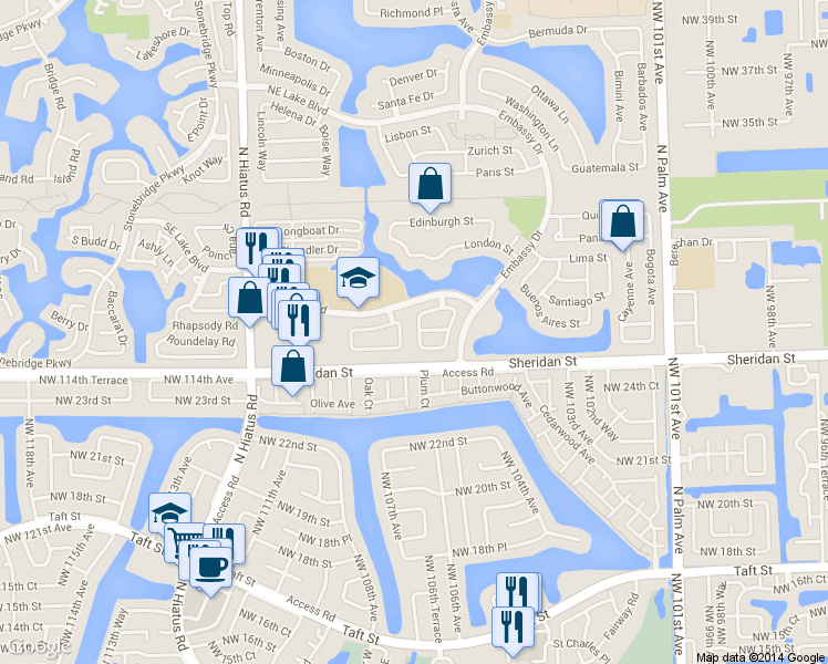 map of restaurants, bars, coffee shops, grocery stores, and more near 2612 West Saratoga Drive in Hollywood