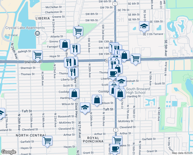 map of restaurants, bars, coffee shops, grocery stores, and more near 1935 Liberty Street in Hollywood