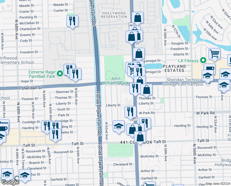 map of restaurants, bars, coffee shops, grocery stores, and more near 2330 Northwest 61st Avenue in Hollywood