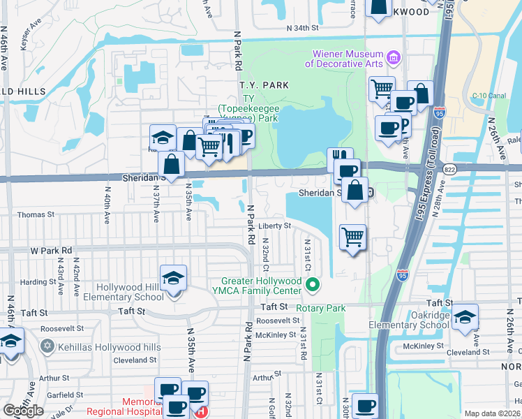 map of restaurants, bars, coffee shops, grocery stores, and more near 2200 Park Lane in Hollywood