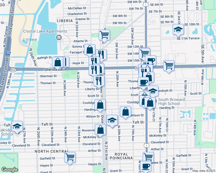 map of restaurants, bars, coffee shops, grocery stores, and more near 2055 Liberty Street in Hollywood