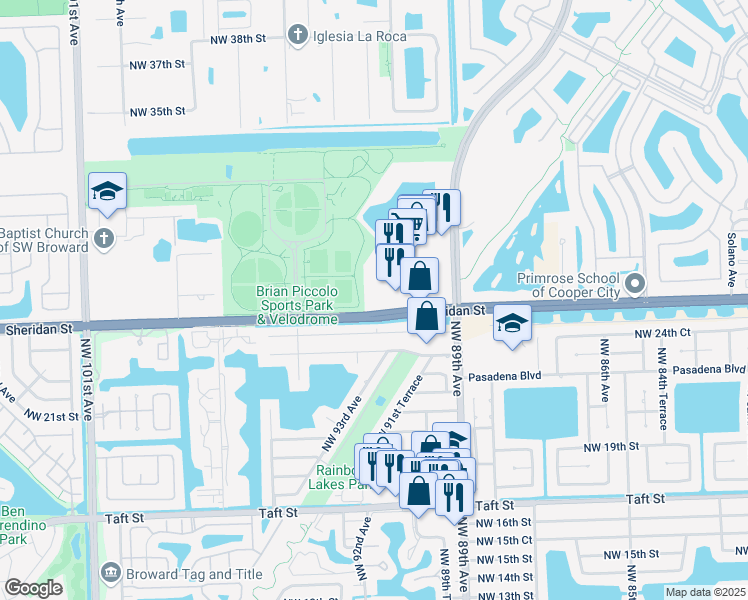 map of restaurants, bars, coffee shops, grocery stores, and more near 9499 Sheridan Street in Hollywood