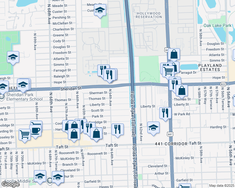 map of restaurants, bars, coffee shops, grocery stores, and more near 6350 Sherman Street in Hollywood