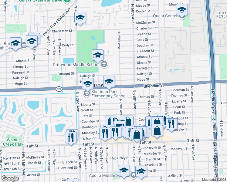map of restaurants, bars, coffee shops, grocery stores, and more near 2346 North 69th Terrace in Hollywood