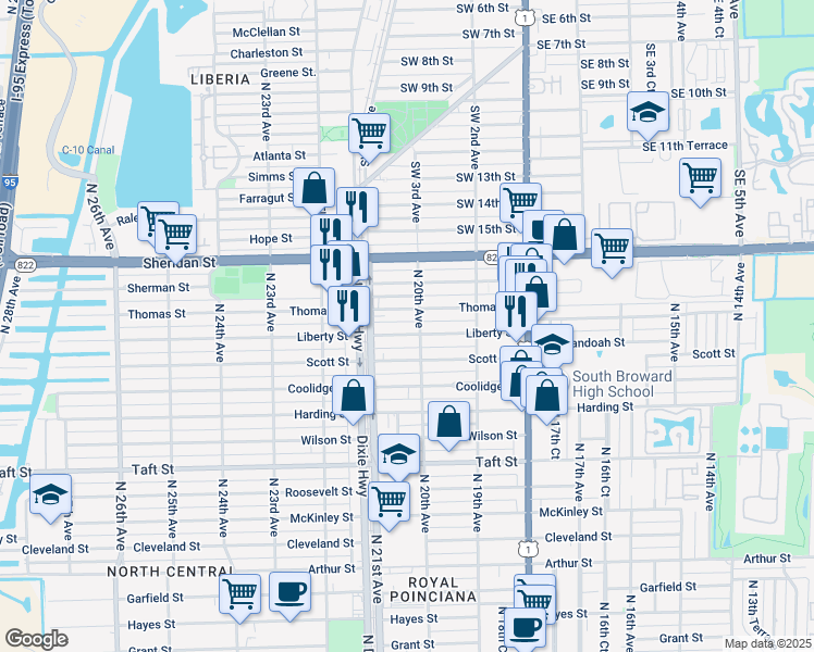 map of restaurants, bars, coffee shops, grocery stores, and more near 2011 Liberty Street in Hollywood