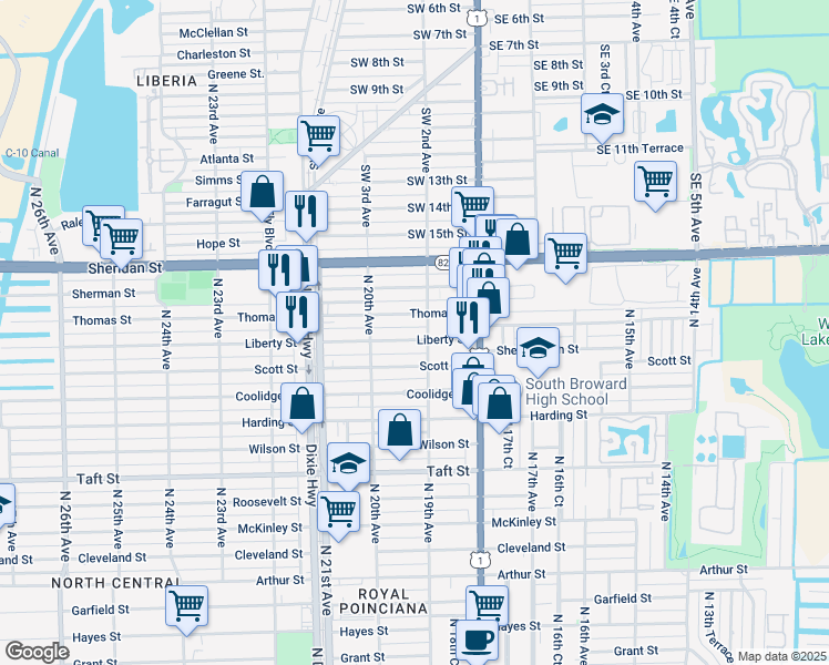map of restaurants, bars, coffee shops, grocery stores, and more near 1935 Liberty Street in Hollywood