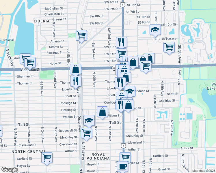 map of restaurants, bars, coffee shops, grocery stores, and more near 1855 Liberty Street in Hollywood