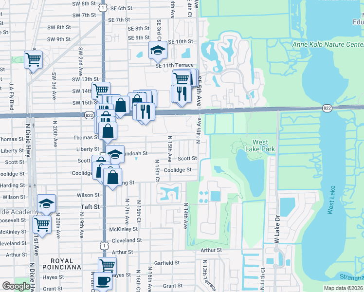map of restaurants, bars, coffee shops, grocery stores, and more near 2114 North 14th Court in Hollywood