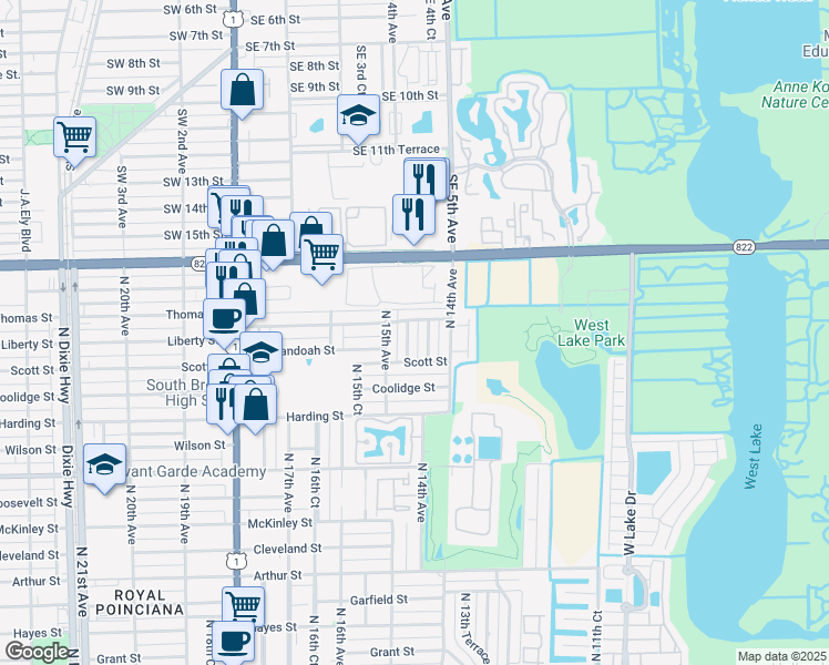 map of restaurants, bars, coffee shops, grocery stores, and more near 2114 North 14th Court in Hollywood