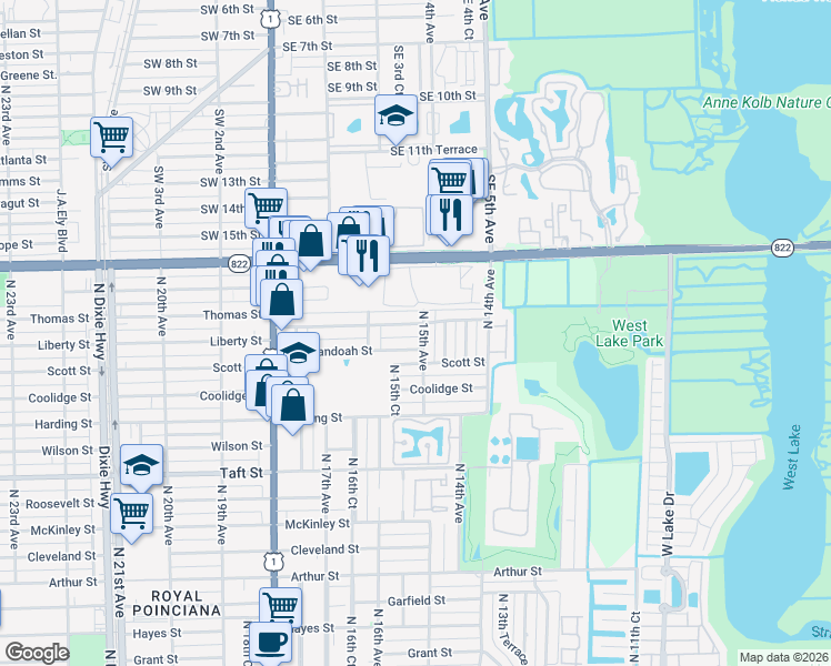 map of restaurants, bars, coffee shops, grocery stores, and more near 2108 North 15th Avenue in Hollywood