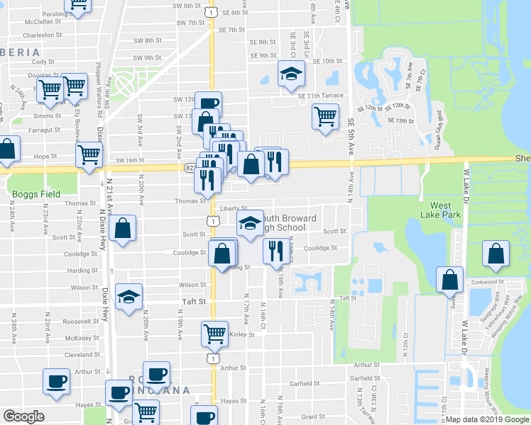 map of restaurants, bars, coffee shops, grocery stores, and more near 1626 Liberty Street in Hollywood