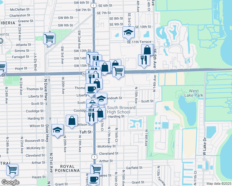 map of restaurants, bars, coffee shops, grocery stores, and more near 1626 Liberty Street in Hollywood