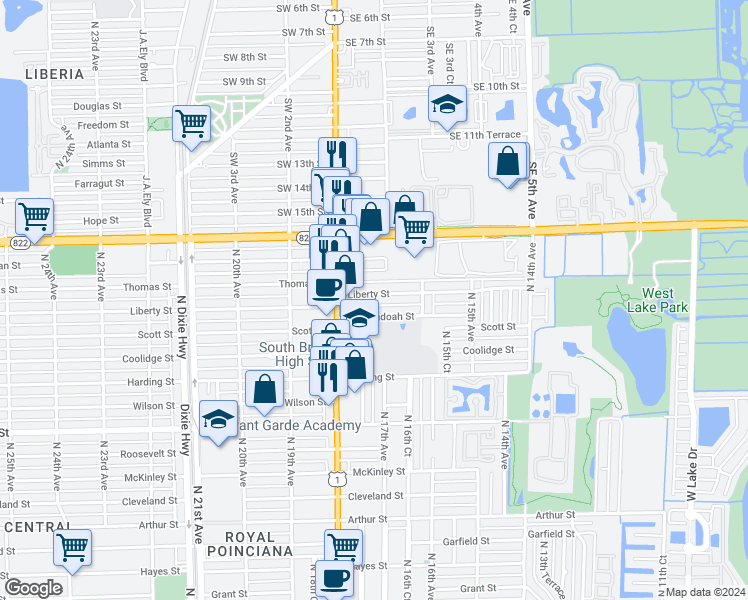 map of restaurants, bars, coffee shops, grocery stores, and more near 2145 North 17th Court in Hollywood
