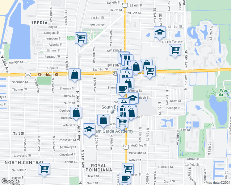 map of restaurants, bars, coffee shops, grocery stores, and more near 1855 Liberty Street in Hollywood