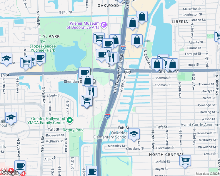 map of restaurants, bars, coffee shops, grocery stores, and more near 27 Loop Road in Hollywood