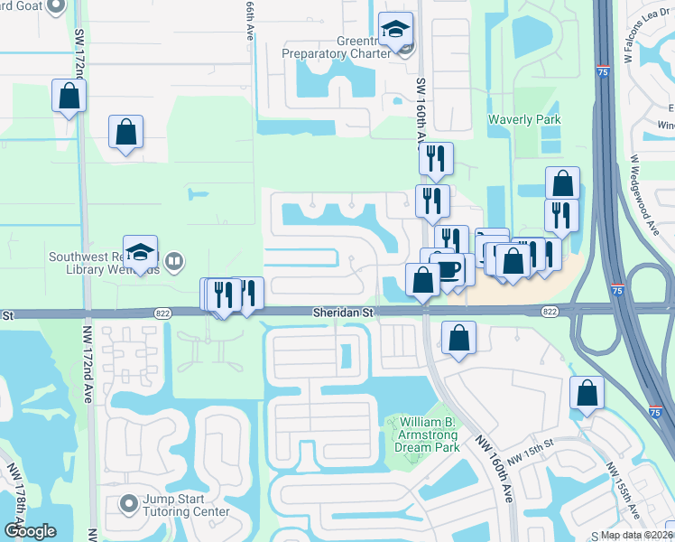 map of restaurants, bars, coffee shops, grocery stores, and more near 16315 Mariposa Circle North in Davie