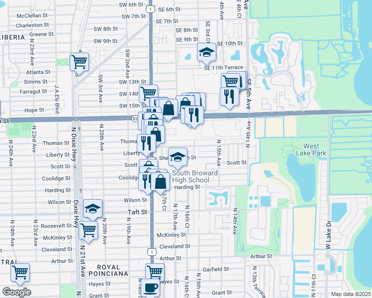 map of restaurants, bars, coffee shops, grocery stores, and more near 1626 Liberty Street in Hollywood