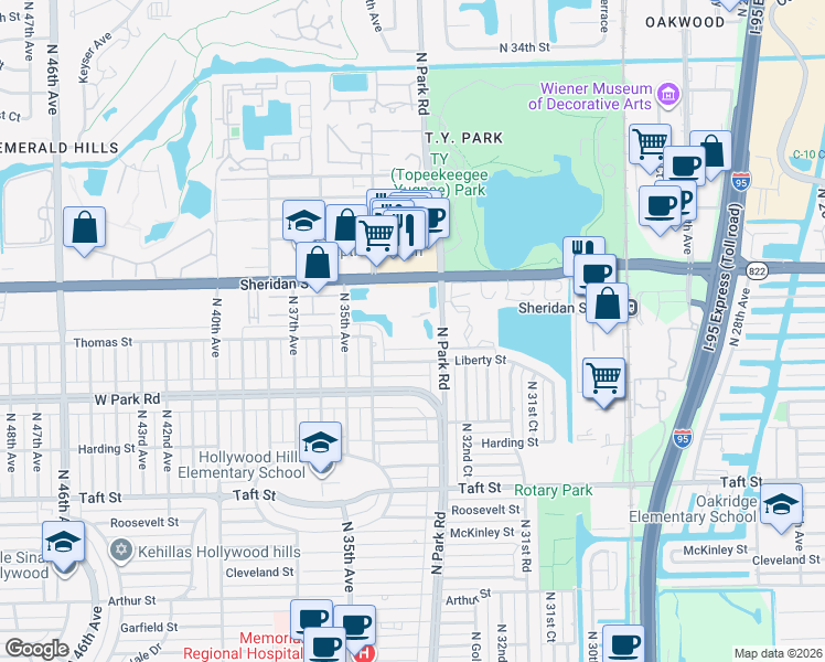 map of restaurants, bars, coffee shops, grocery stores, and more near 2470 North Park Road in Hollywood