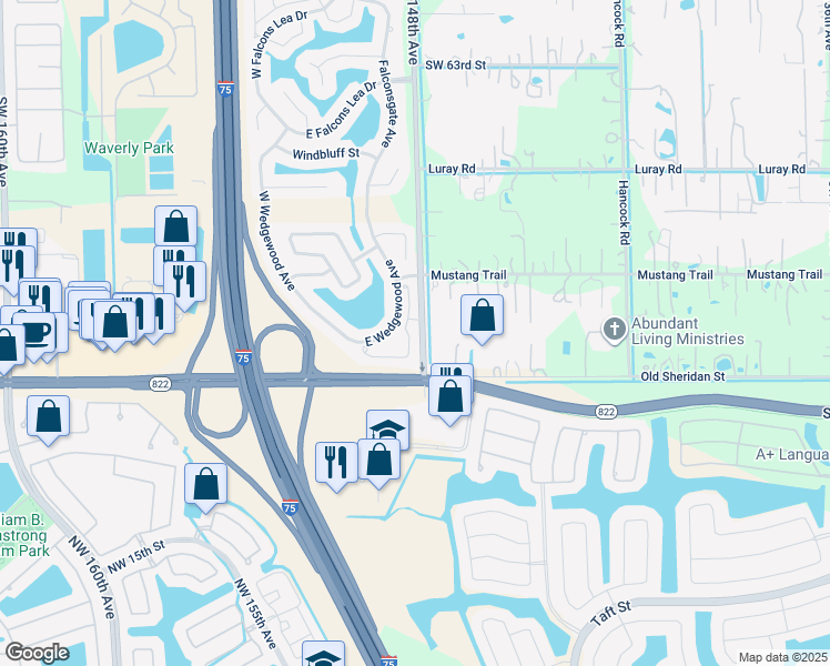 map of restaurants, bars, coffee shops, grocery stores, and more near 6959 Southwest 148 Lane in Davie