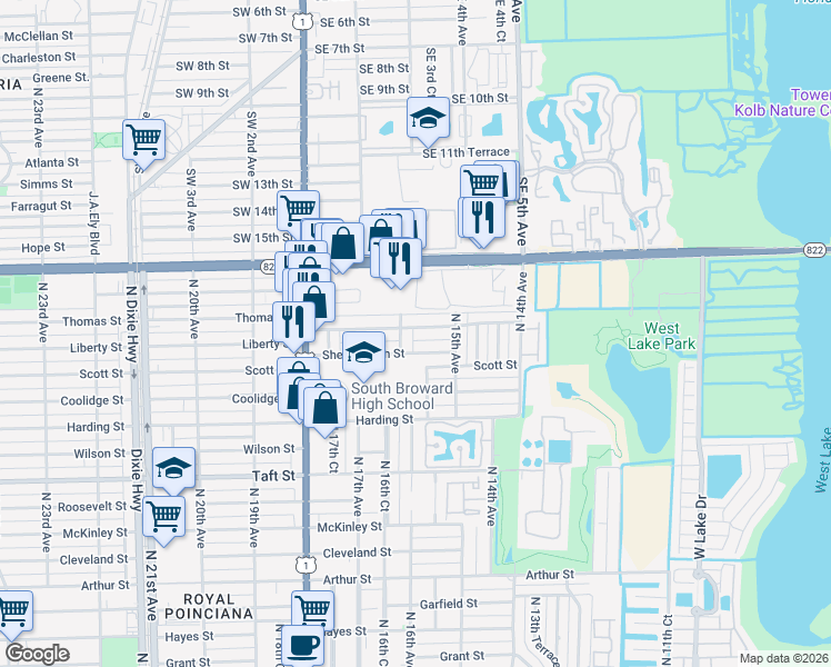 map of restaurants, bars, coffee shops, grocery stores, and more near 1538 Liberty Street in Hollywood