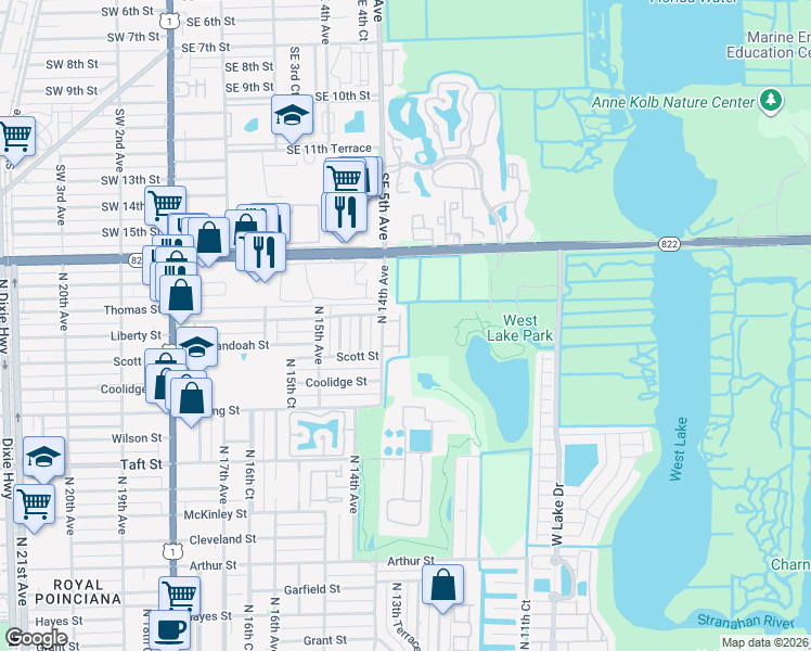 map of restaurants, bars, coffee shops, grocery stores, and more near 2185 North 14th Avenue in Hollywood