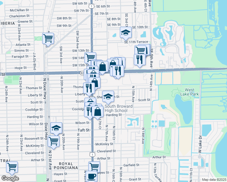 map of restaurants, bars, coffee shops, grocery stores, and more near 1626 Liberty Street in Hollywood