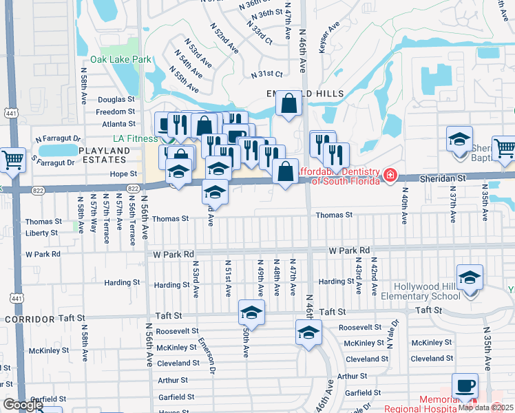 map of restaurants, bars, coffee shops, grocery stores, and more near 4841 Thomas Street in Hollywood