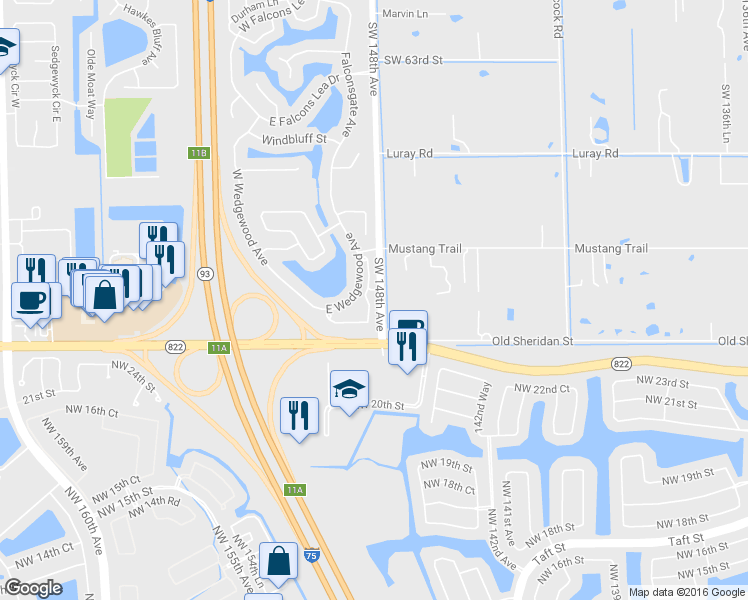 map of restaurants, bars, coffee shops, grocery stores, and more near 6959 Southwest 148 Lane in Davie