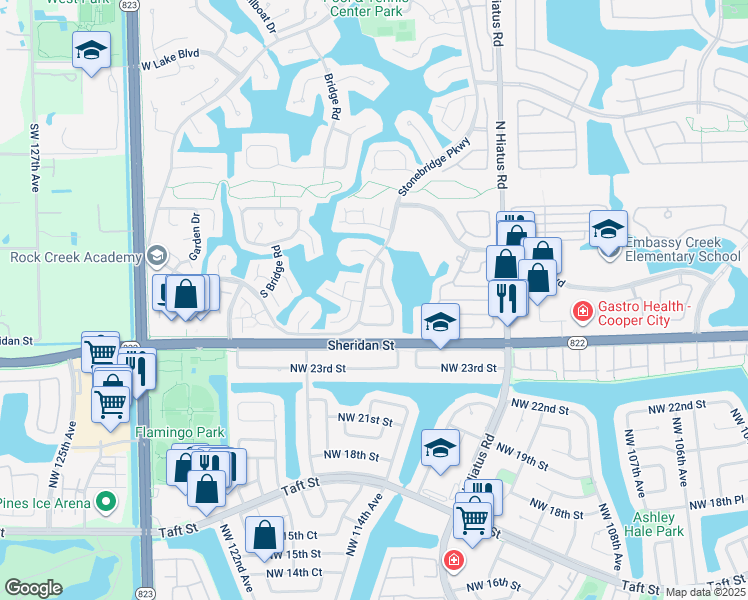 map of restaurants, bars, coffee shops, grocery stores, and more near 11575 Waterford Court in Hollywood