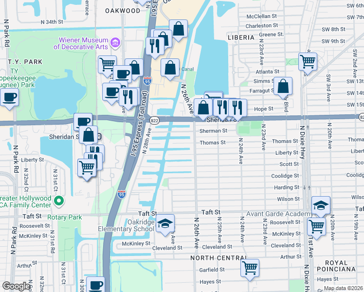 map of restaurants, bars, coffee shops, grocery stores, and more near 2611 Liberty Street in Hollywood