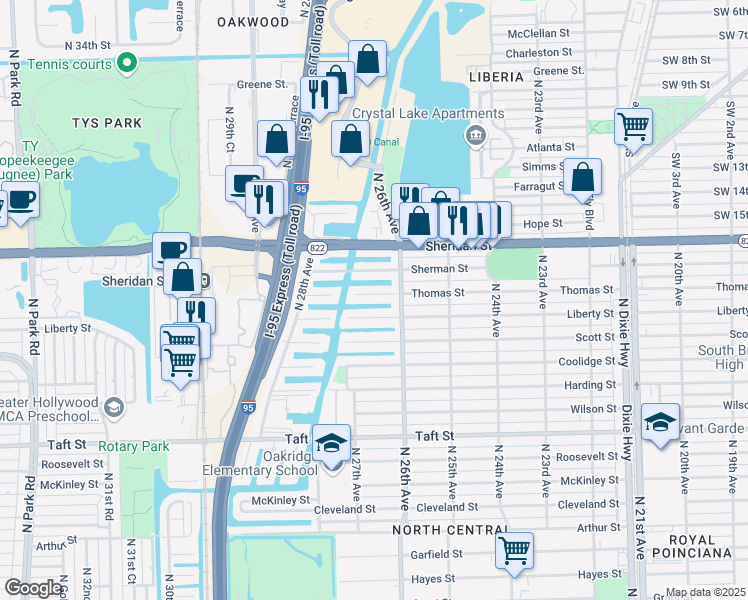 map of restaurants, bars, coffee shops, grocery stores, and more near 2611 Liberty Street in Hollywood