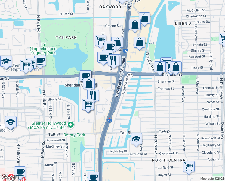 map of restaurants, bars, coffee shops, grocery stores, and more near 2300 North 29th Avenue in Hollywood