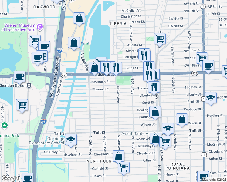 map of restaurants, bars, coffee shops, grocery stores, and more near 2403 Liberty Street in Hollywood