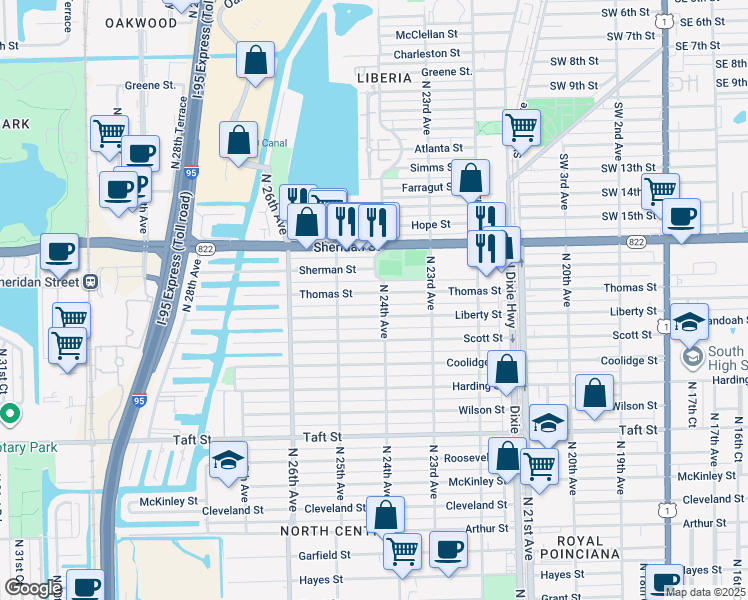 map of restaurants, bars, coffee shops, grocery stores, and more near 2403 Liberty Street in Hollywood