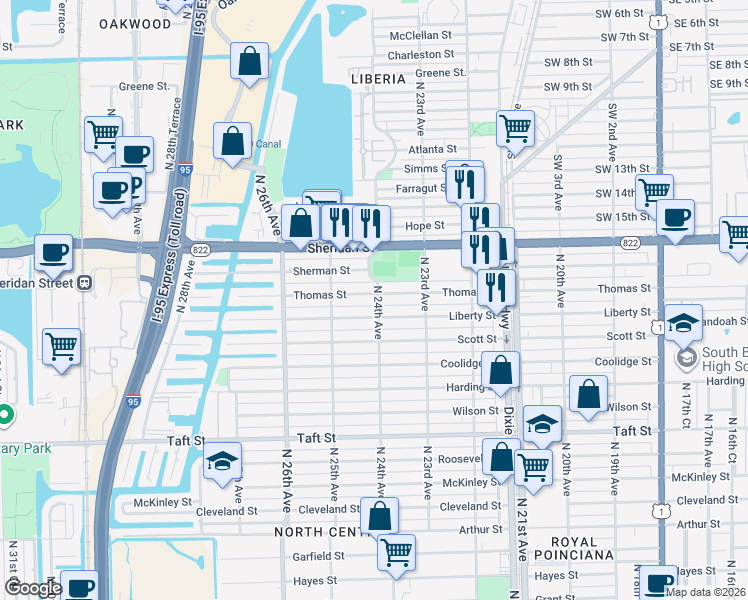 map of restaurants, bars, coffee shops, grocery stores, and more near 2248 North 24th Avenue in Hollywood