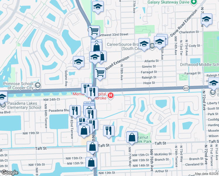 map of restaurants, bars, coffee shops, grocery stores, and more near 7901 Sheridan Street in Hollywood