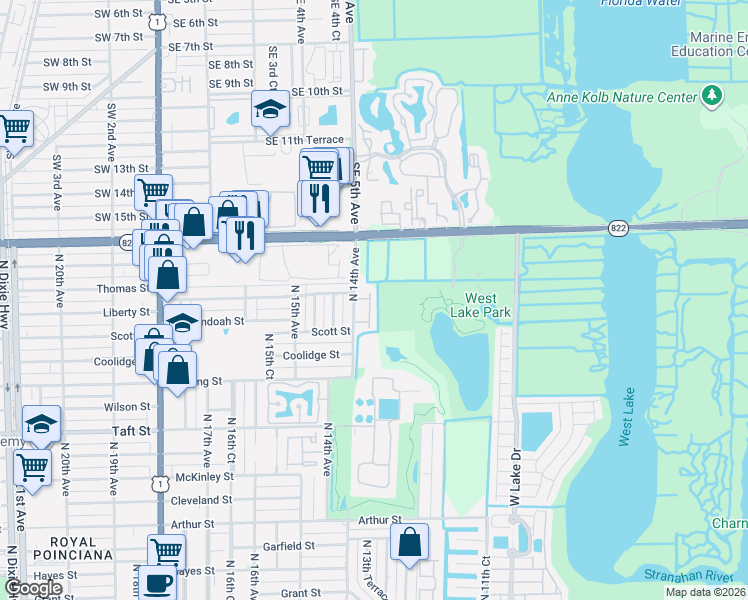 map of restaurants, bars, coffee shops, grocery stores, and more near 2185 North 14th Avenue in Hollywood
