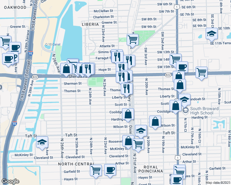 map of restaurants, bars, coffee shops, grocery stores, and more near 2227 Liberty Street in Hollywood