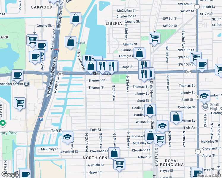 map of restaurants, bars, coffee shops, grocery stores, and more near 2403 Liberty Street in Hollywood