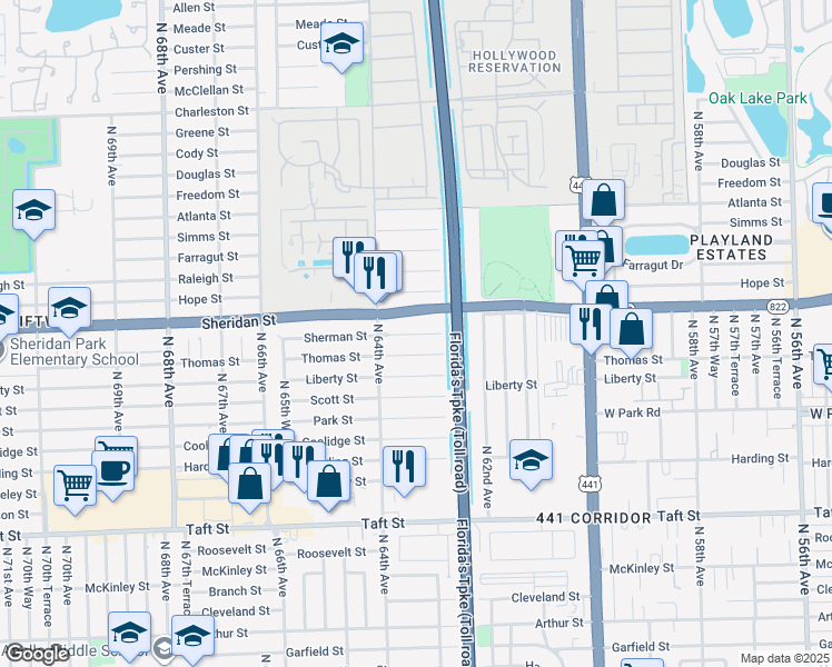 map of restaurants, bars, coffee shops, grocery stores, and more near 6350 Sherman Street in Hollywood