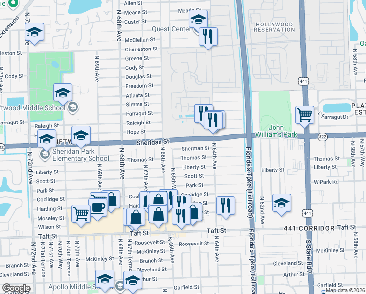 map of restaurants, bars, coffee shops, grocery stores, and more near 6500 Sherman Street in Hollywood