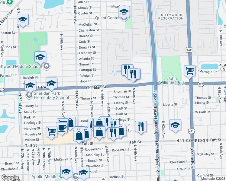 map of restaurants, bars, coffee shops, grocery stores, and more near 6570 Sherman Street in Hollywood