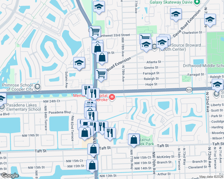 map of restaurants, bars, coffee shops, grocery stores, and more near 7901 Sheridan Street in Hollywood