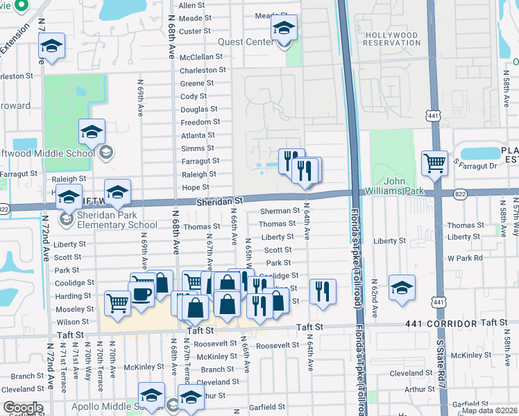 map of restaurants, bars, coffee shops, grocery stores, and more near 6570 Sherman Street in Hollywood