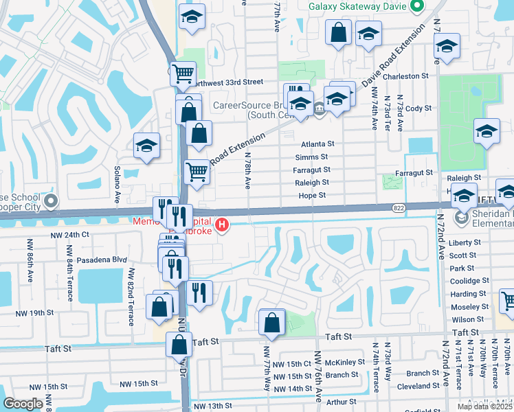 map of restaurants, bars, coffee shops, grocery stores, and more near 7761 Sheridan Street in Hollywood