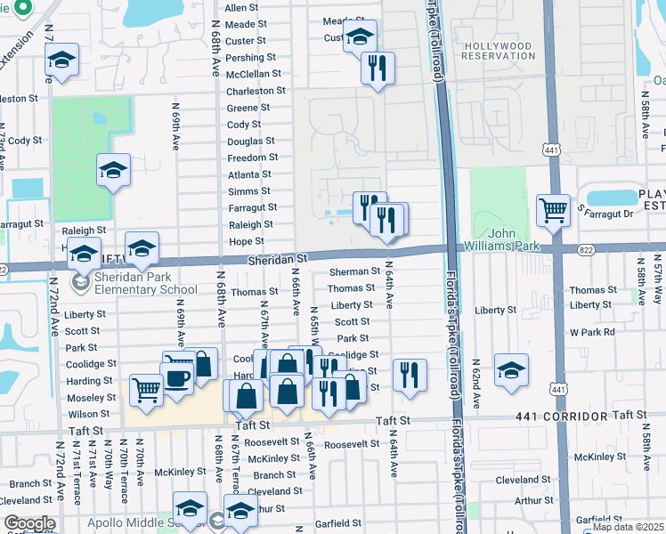 map of restaurants, bars, coffee shops, grocery stores, and more near 6500 Sherman Street in Hollywood