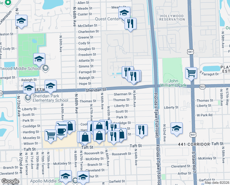 map of restaurants, bars, coffee shops, grocery stores, and more near 6500 Sherman Street in Hollywood